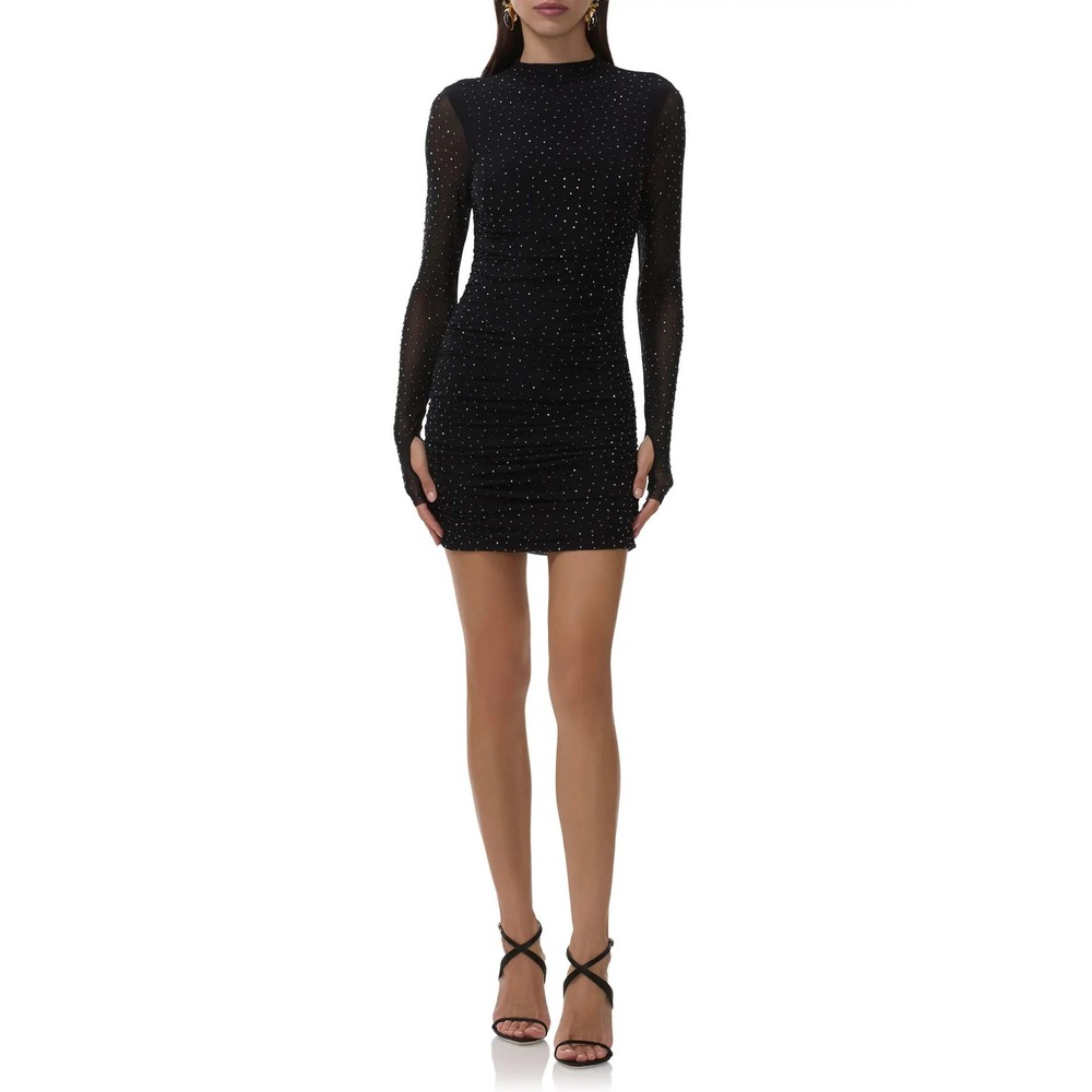 AFRM Women's Darcie Rhinestone Mesh Ruched Mini Dress Black S Cocktail